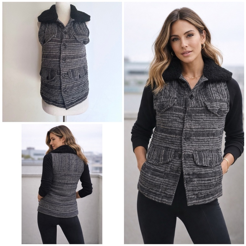 Ace & Jig Linen & Cotton Sherpa Collar Marled Striped Vest Jacket XS